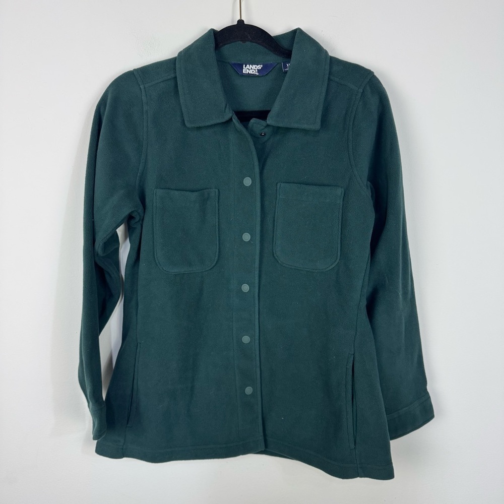 Land's End Teal Green Fleece Shacket Shirt Jacket Button Down Granola Outdoor